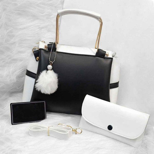 Girl's Rexine Shoulder Bag with White Pom Pom Charm & Wallet Set