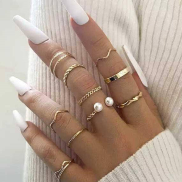 Rings 10 Pcs Golden Alloy Trendy Western Korean Set