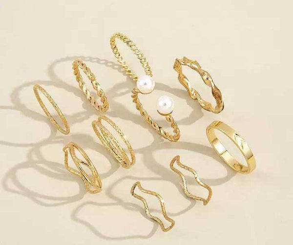 Rings 10 Pcs Golden Alloy Trendy Western Korean Set