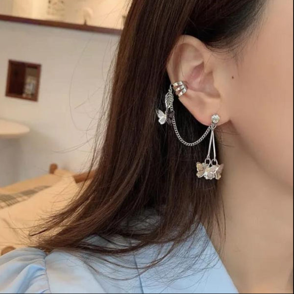 Butterfly Hanging Silver Plated Artificial Stones Ear Cuffs
