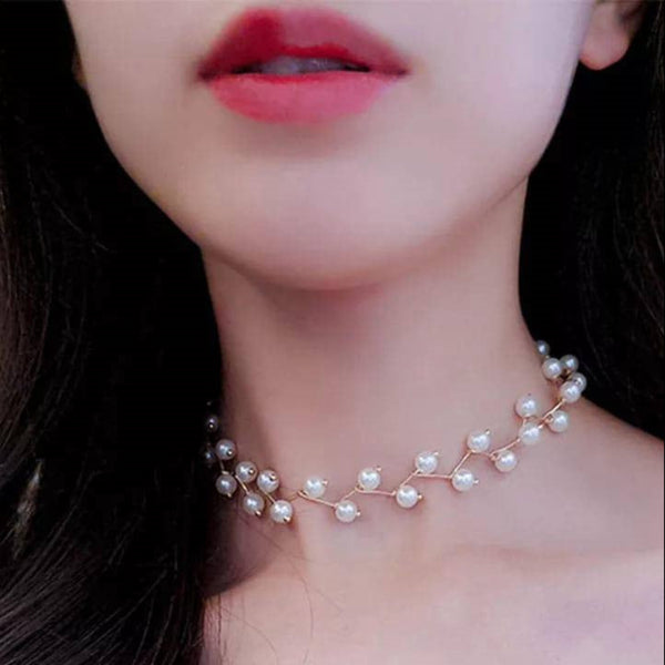 Choker Necklace Alloy Golden Pearl