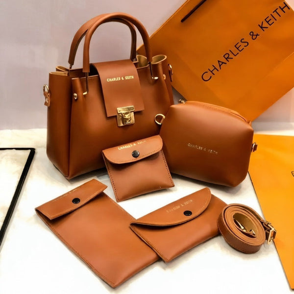 Women's Rexine 5Pcs Plain Hand Bag Set